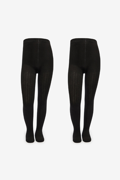 Penti Girl's Pretty Rib 2-Piece Black Pantyhose