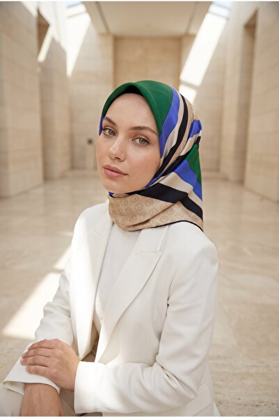 Vissona 100% حرير تويلي مونوجرام ونمط هندسي - شكل زراعة وشاح 90x90 باللون الأ...