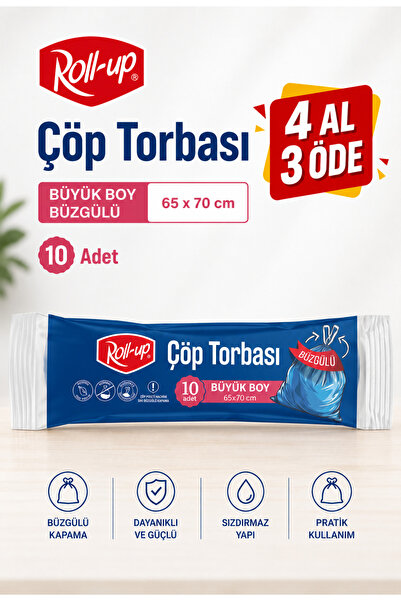 Roll-Up Büyük Boy Büzgülü Çöp Torbası 65 x 70 cm 10’lu Paket