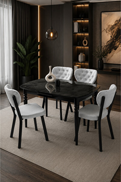 Atolye Casa 80x130 MDF Yemek Masası (Sadece Masa) Siyah Mermer Renk Parlak Yü...