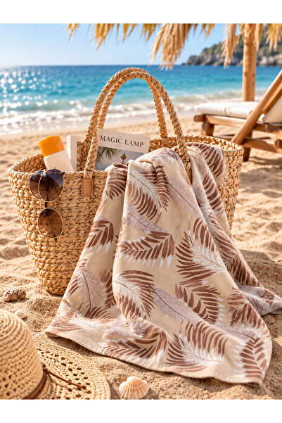 TEXTİLES MAGİC LAMP Modern Botanical Light Brown Beach Towel 70X150 cm – Soft Textured, Digital Printed, High Water Absorbent Cotton Sea & Pool Towel