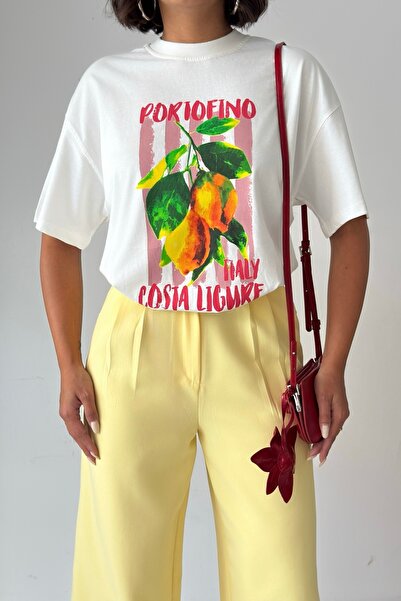 CrepTekstil Crep Women's Portofino Lemon Printed Oversize T-Shirt 100% Cotton