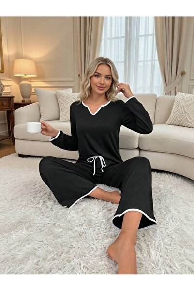 BLACK Women's Solid Contrast Long Sleeve Notched Collar Top and Pants Set.