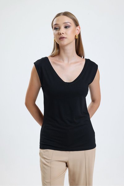 SİSTERS2HC Deep Front Back V-Neck Low Sleeve Viscose Lyc Fabric Black T-shirt