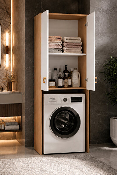 LOVİSSE HOME 2 Kapaklı 2 Raflı Çamaşır Makinesi Dolabı Beyaz Çok Amaçlı Banyo...