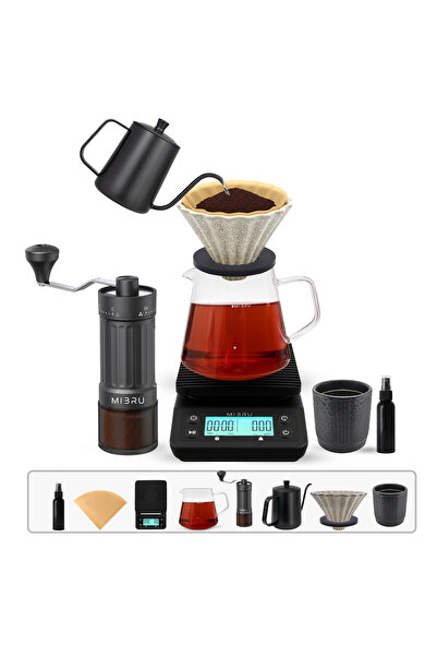 MIBRU 8 Pcs V60 Drip Coffee Set with Kettle, Grinder, Server, Dripper & Filte...