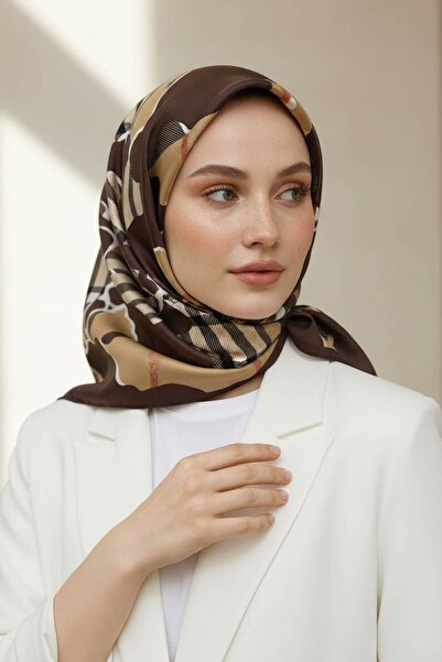 Vissona 100% Twill Silk Leopard Patterned Brown - Beige Colored 90X90 Scarf S...