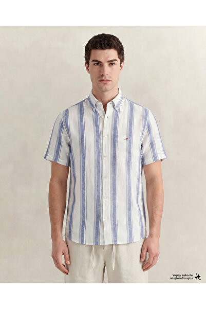 Gant Erkek Mavi Regular Fit Çizgili Logolu Gömlek