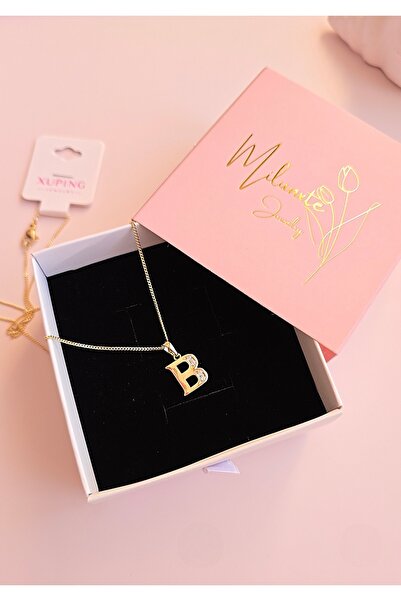 MİLUNXTE Xuping B Harfli Kadın Gold Renk Zirkon Taşlı Çelik Harf Kolye