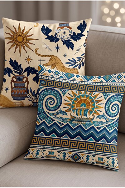 Artvibe Antique Aegean Blue Yellow Summer Themed 2-Piece Throw Pillow Cover
