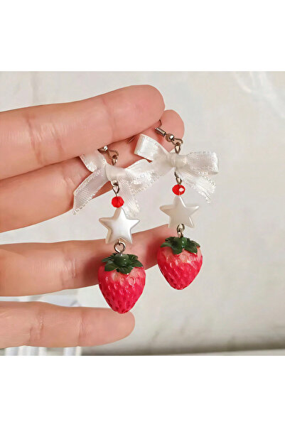 Choice Red 1 Pair of Handmade Y2K Star Bow Strawberry Pendant Earrings, Suita...
