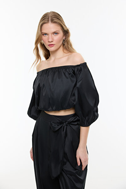 Roman Crop Balon Kol Tafta Bluz Siyah YY013049_001