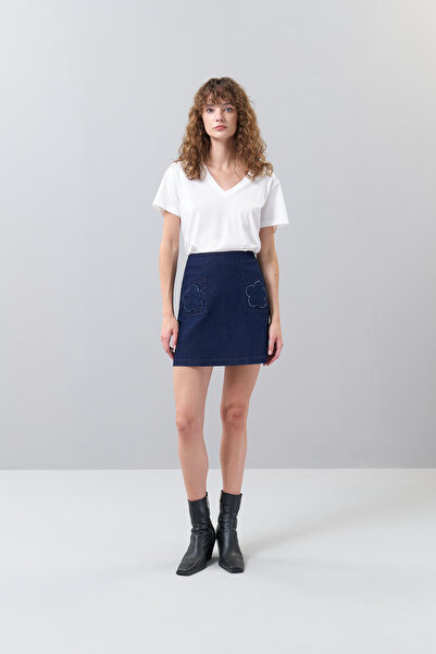 Roman Papatya Motifli Mini Denim Etek Lacivert K2515008_015