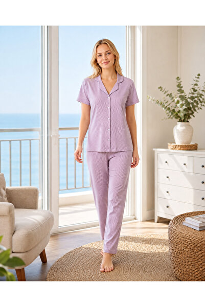 Alperi Boydan Buttoned Puan Patterned Short Sleeved Pajama Set 78-115