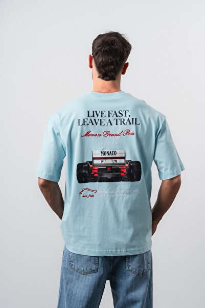Respire Men's Live Fast Printed Oversize T-Shirt Baby Blue