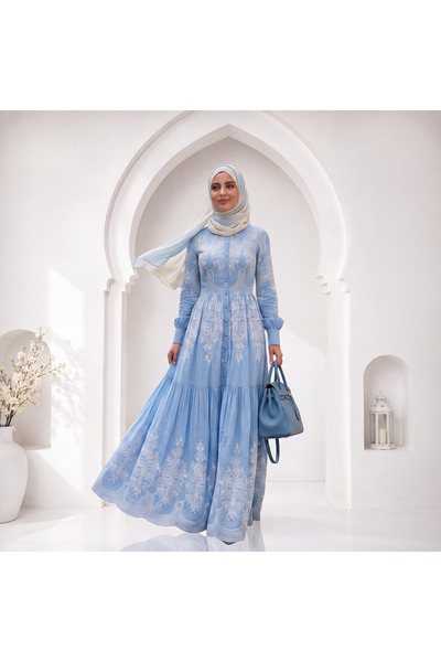 Muslima Wear Blue Dream Blue Pearl Button White Floral Print Embroidered Even...
