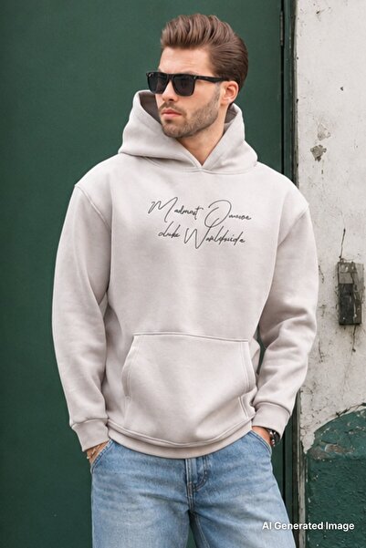 Madmext Painted Gray Hooded Pocket Detailed Printed Men's Sweatshirt 7064