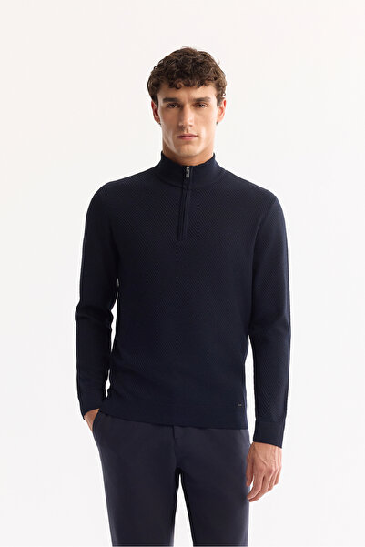 Avva Men's Navy Blue Stand Collar Zippered Textured Knitwear Regular Fit Swea...