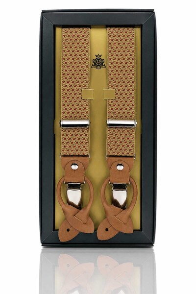 Kravatkolik Beige Leather Connected Button Hole Jacquard Trouser Strap PAN167