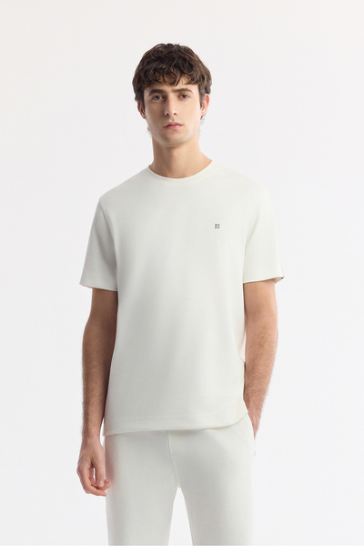 Avva Men's Ecru Crew Neck Printed Bi-Stretch Interlock Regular Fit T-Shirt A5...