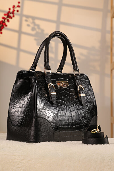 Aksesuarlia Black Color Crocodile Pattern Genuine Leather Bag - Handbag and S...