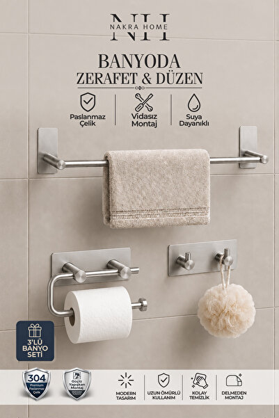NAKRA HOME 3'lü Set ( Paslanmaz Çelik Yapışkanlı Havlu Askısı , Tuvalet Kağıt...