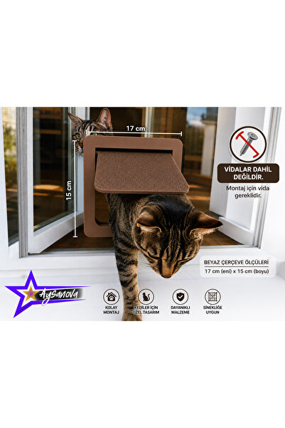 aysanova Sineklik Kedi Kapısı 17x15 cm KAHVERENGİ Kedi Geçiş Kapısı Dayanıklı...