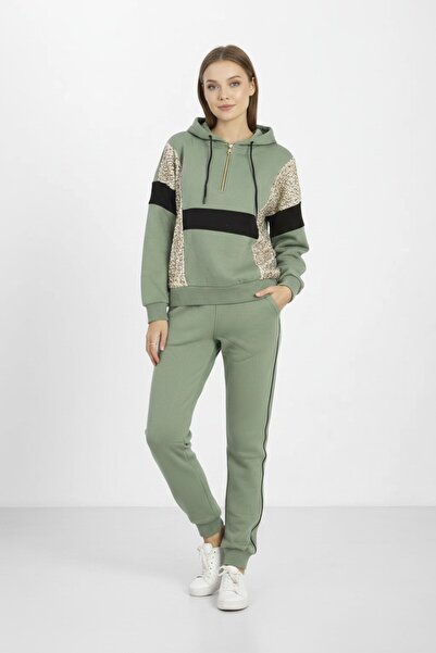 Piyera Women's Green 3 Thread Zippered Hooded Sequin Sequin Embroidered Elast...