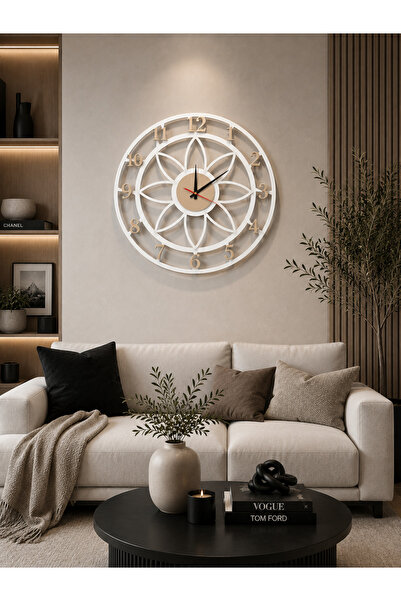 Zoe3 Style Floral Style Beyaz-Gold Dekoratif Duvar Saati - Sessiz Mekanizma