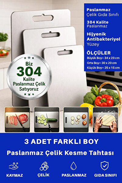 3 Adet 304 Paslanmaz Çelik Mutfak Kesme Tahtası Et Sebze Doğrama Tahtası
