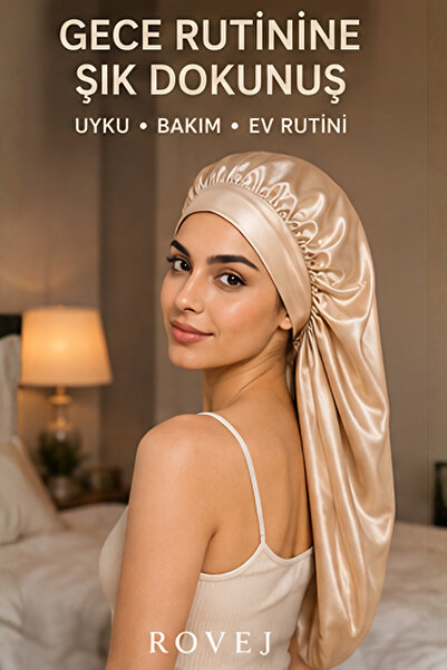 ROVEJ %100 Viskon Saten Uzun Saç Bonesi Şampanya Çift Kat Uyku Bonesi (Polyes...