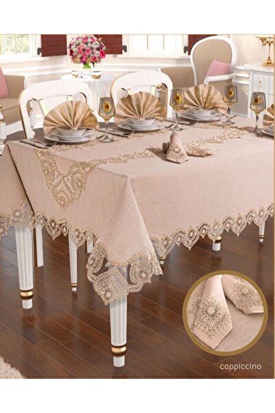 Ceki Home Kartanesi Gardenya Linen Cappuccino 12-Person Modern Dining Set Tab...