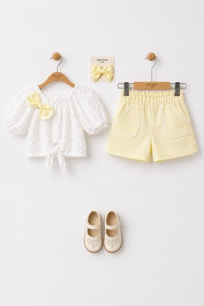 GREYFURT Girls' Tasseled Bow Buckle Shorts Style Set