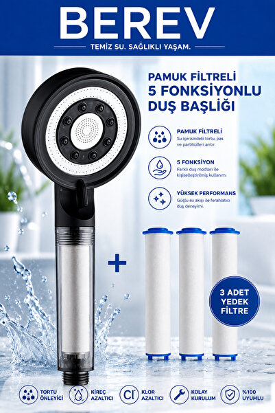 Berev Filtreli 5 Fonksiyonlu Siyah Yüksek Basınçlı Ayarlanabilir Duş Başlığı ...