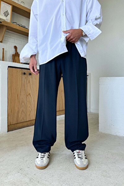 Flaw Wear بنطلون من القماش ذو طيات مزدوجة باللون الأزرق الداكن