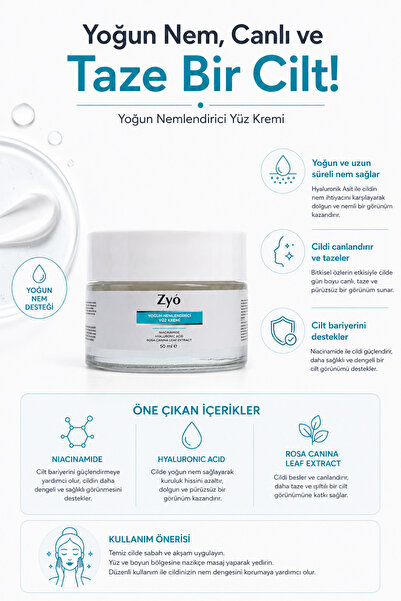 Zyo Nemlendirici Yüz Kremi 50 ml Hyaluronik Asit + Niacinamide Leke Karşıtı Yoğun Nemlendirici Krem