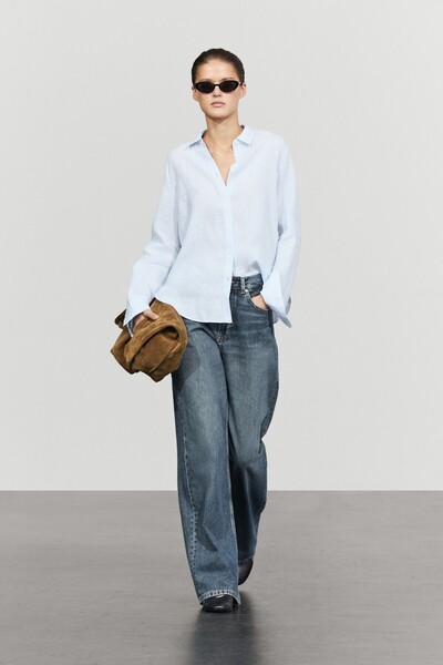 Massimo Dutti Dökümlü %100 keten çizgi desenli gömlek