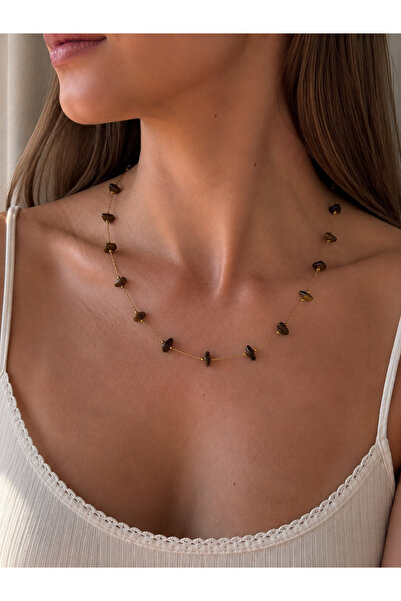 Vinlora Design Tiger's Eye Natural Stone Chain Necklace – Minimal Brown Natur...