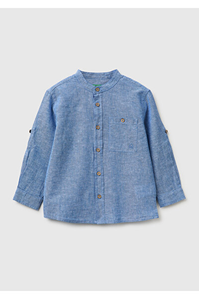 United Colors of Benetton Boy's Blue Logo Embroidered Patch Pocket Henley Col...