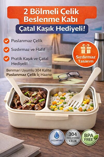 genel tr Cream Benmarili Stainless Steel Food Container 2-Compartment Lunch B...