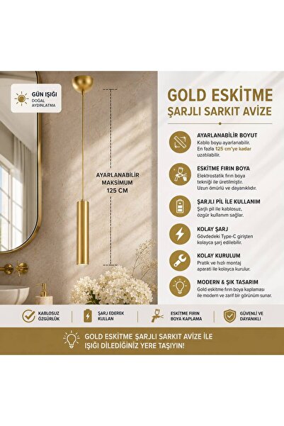 MYSTERY ŞARJLI günışığı boru tipi Dekoratif Tavan Ayna Sarkıt Tekli Modern Iç Mekan (ampulve pil)dahildir