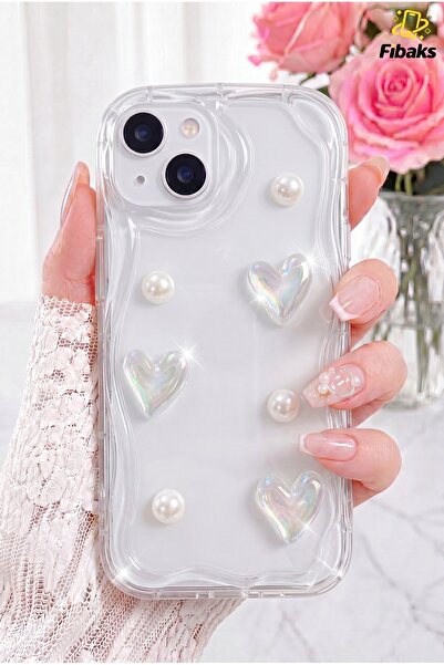 Fibaks iPhone 14 Plus/15 Plus Kılıf 3d Kalpli Inci Tasarımlı Desenli Kamera K...
