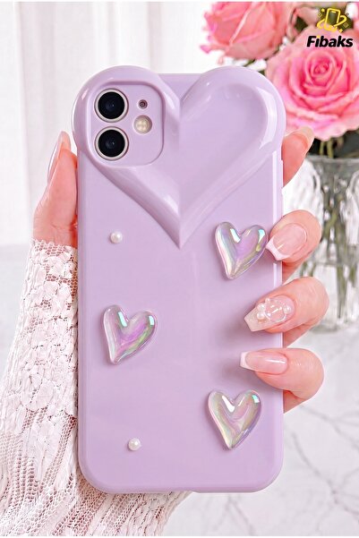 Fibaks iPhone 11 Kılıf Kalpli İnci Desenli Kalp Kamera Tasarımlı Lila Kamera ...