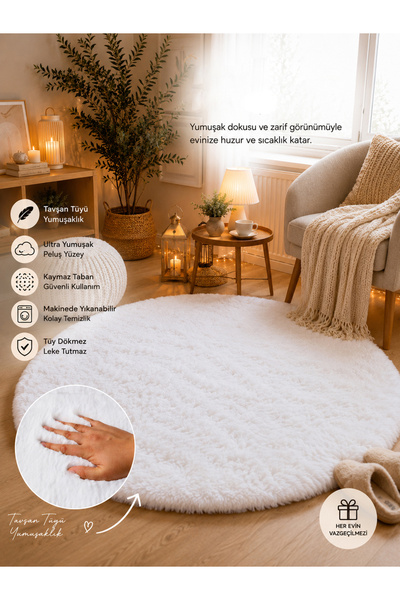 Myevilla Dekoratif Tavşan Tüyü Ultra Yumuşak Peluş Yuvarlak Halı
