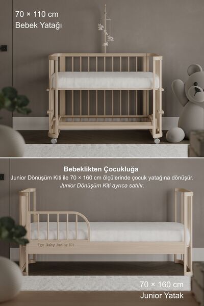 EGEBABY Vernikli Ahşap 4in1 Beşiktakım(BL)70 X 110-anne Yanı, Karyola, Oyun Parkı, Montessori Junior Yatak