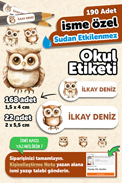 MSticker Okul Etiketi Kalem Defter isimli Etiket Isim Yazılabilen Baykuş - 19...