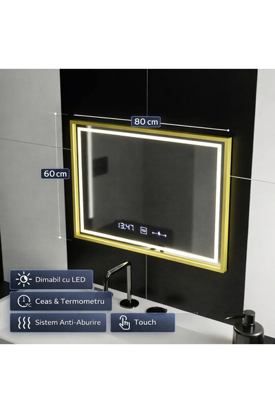 OEM Oglindă dreptunghiulară LED 80x60 Verite Royale Gold MotionGlow Marcello,...