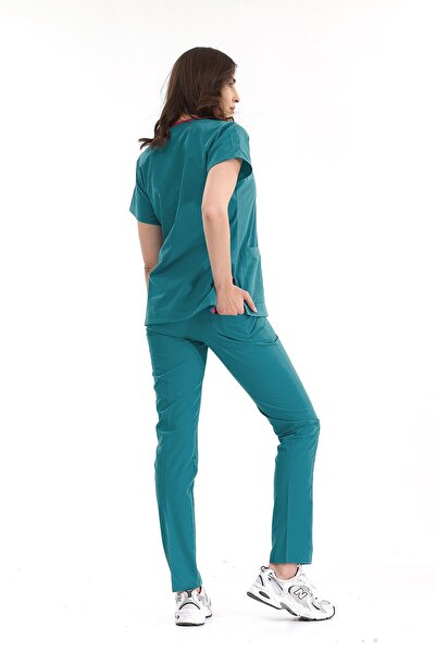 ÇİZGİ MEDİKAL Set de sus și de jos din lycra gri de lux verde petrol deschis pentru uniformă pentru scrub pentru doctor