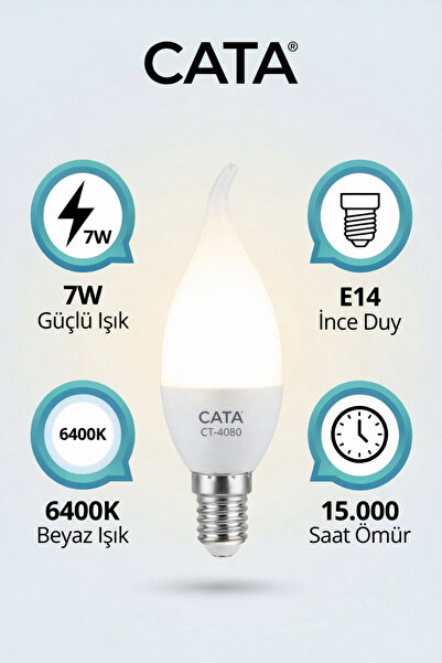 Cata CT-4080 LED Buji Ampul E14 7W 6400K Beyaz Işık 680 Lümen (Kıvrık Uçlu) (...
