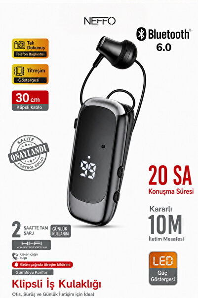 NEFFO Makaralı Bluetooth Kulaklık Klipsli İş Kulaklığı LED Gösterge Titreşim ...